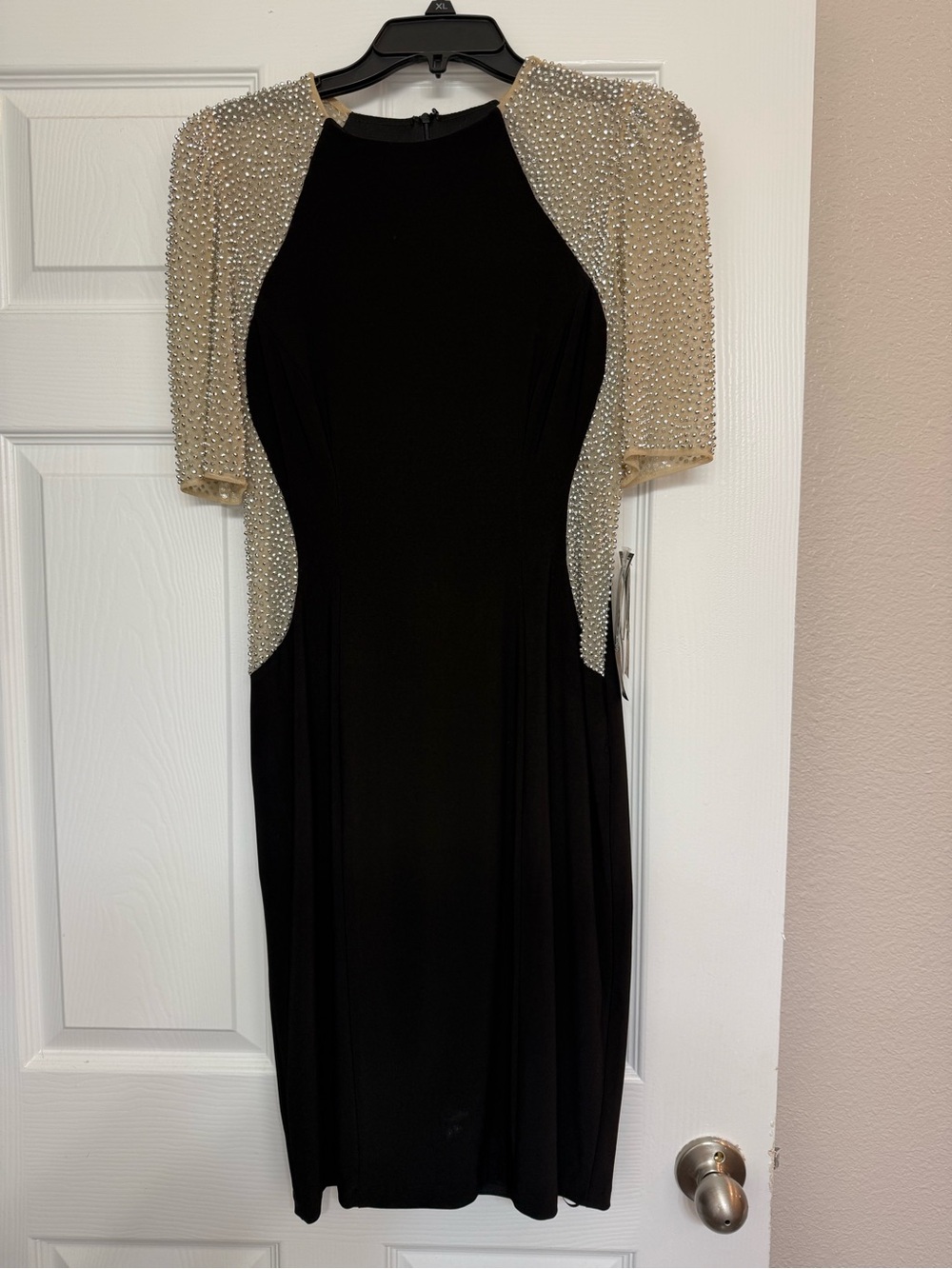 Xscape Black Midi Dress with Beaded Champagne Sleeves and Side Panels